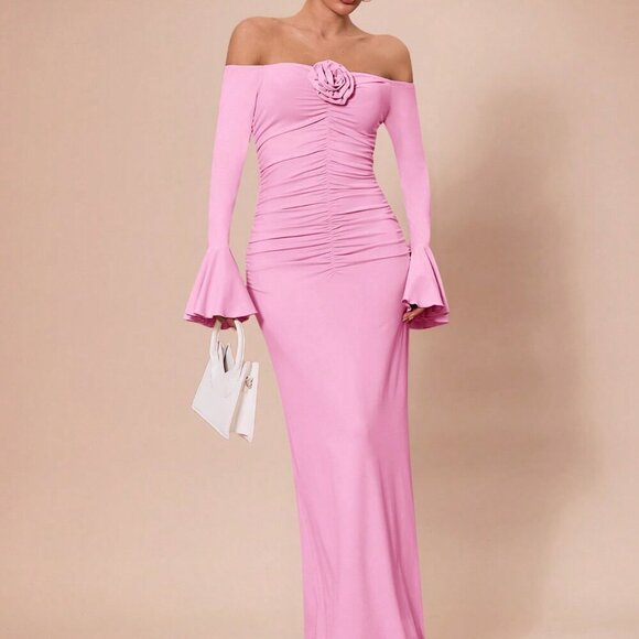 Baby Pink Elegant Women's Long Sleeve Off Shoulder 3d Flower Ruched Maxi dress - Picture 6 of 8